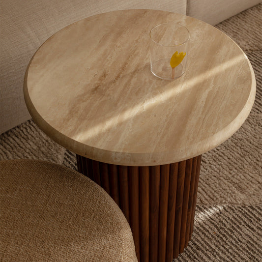 Cosmos Travertine Side Table (Walnut, Travertine)