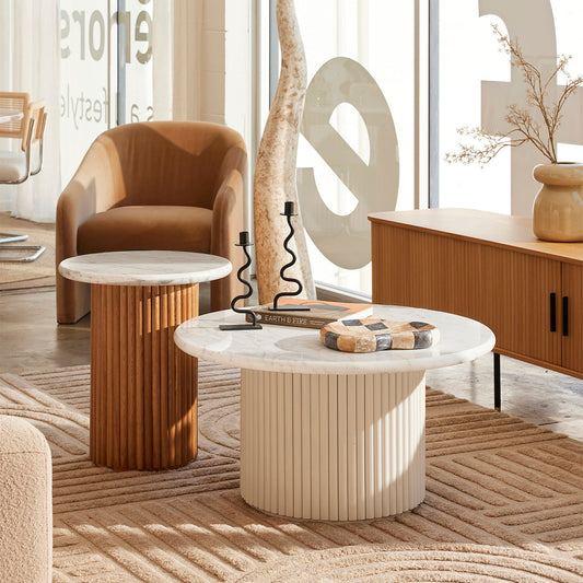 Cosmos Coffee Table (White Oak, Carrara Marble, 85cm)