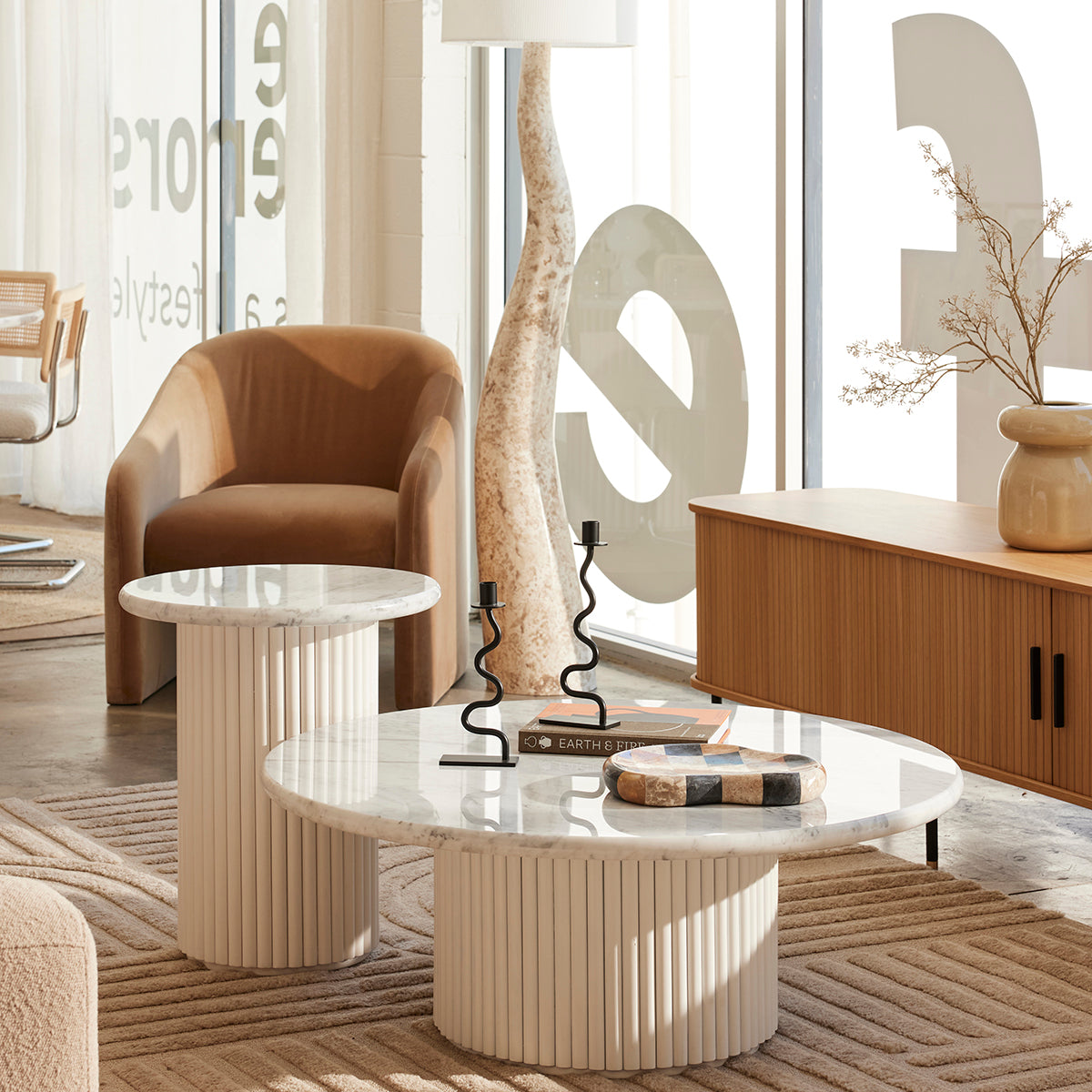 Cosmos Coffee Table (White Oak, Carrara Marble, 100cm)